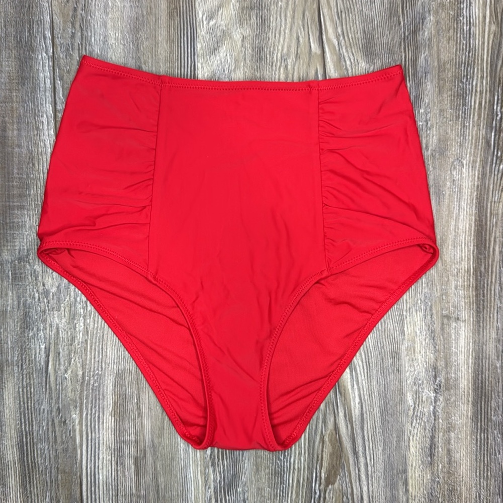 Aerie Womens Red Cinched Swim Bikini Bottom High Waisted Retro Pool Size S Small